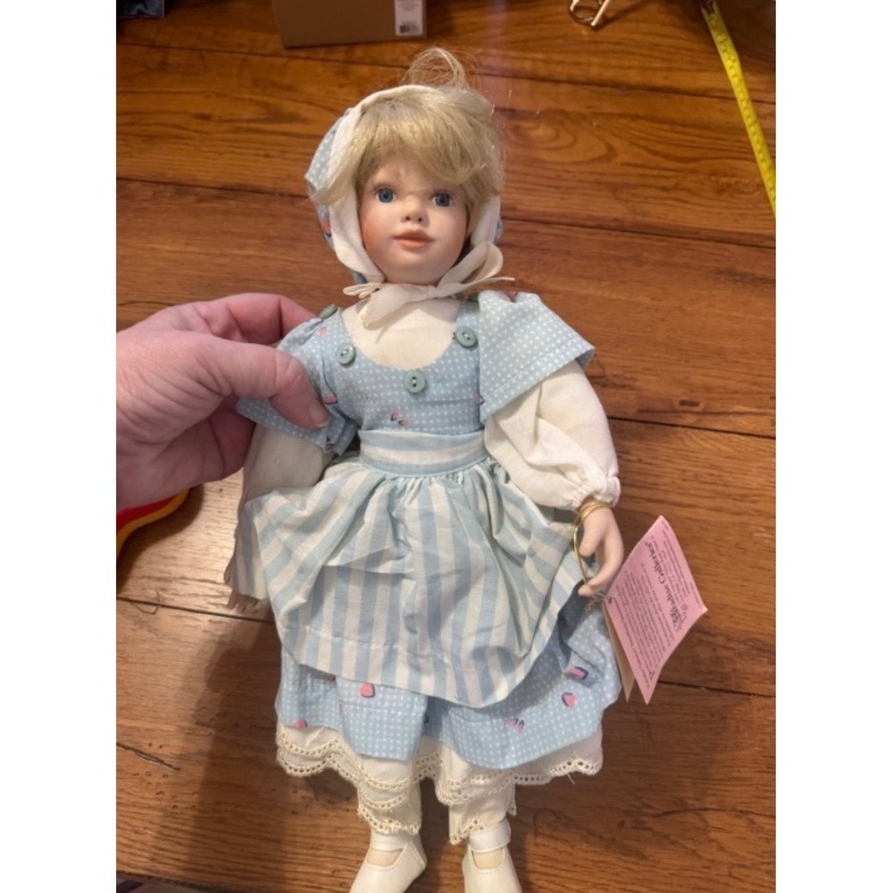 Paradise Galleries Porcelain Doll Blue Gingham‎ Strawberry Print Bonnet Dress